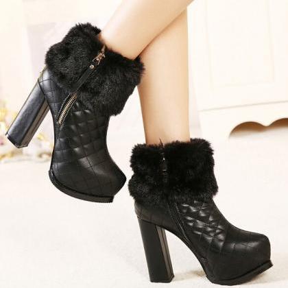 Fashionwear Fur Boot Chunky Heel Round Toe Casual Black Boot on Luulla