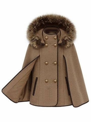Double Breasted Detachable Fur Hooded Women's Fashion Cape Coats