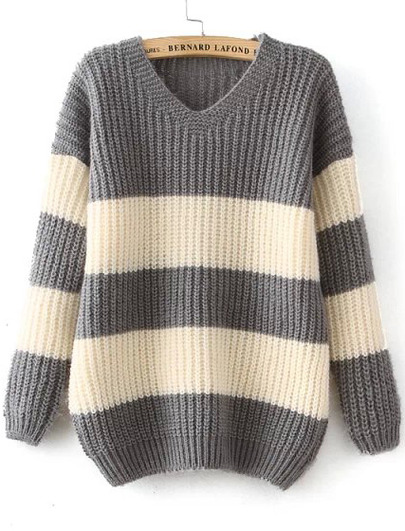 Fashionwear Grey V Neck Long Sleeve Striped Sweater