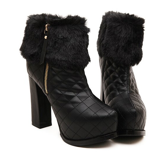 Fashionwear Fur Boot Chunky Heel Round Toe Casual Black Boot on Luulla