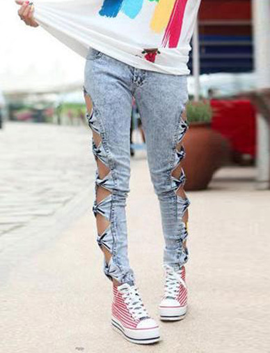 Fashionwear Stylish Hollow-out Side Skinny Jeans With Bowkont Trim