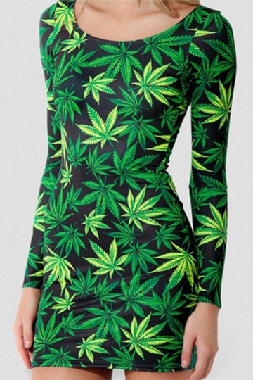 Fashionwear Green Cool Ladies Maple Leaf Printed Long Sleeve Bodycon Dress