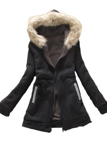 Fur Hooded Fleece Insert Zip Up Warm Winter Coat For Women on Luulla