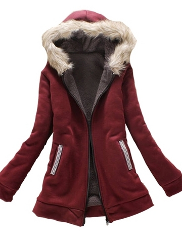 Fur Hooded Fleece Insert Zip Up Warm Winter Coat For Women on Luulla