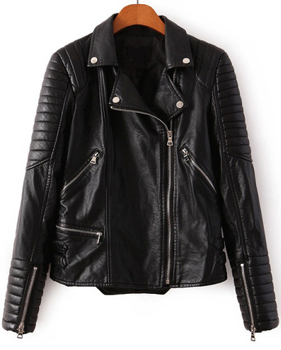 Fashionwear Black Lapel Long Sleeve Zipper Crop PU Jacket on Luulla